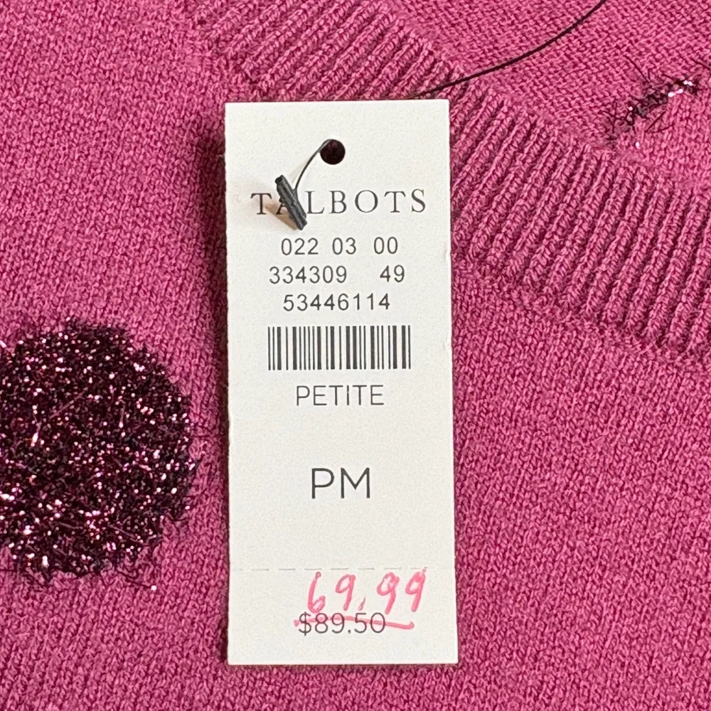 Talbots Petite Medium Wool Blend Sweater Fuchsia‎ Pink Metallic Polka Dot NWT